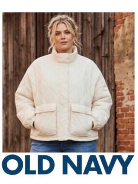 2X Old Navy Packable Oversized Water-Resistant Quilted Jacket in ivory.